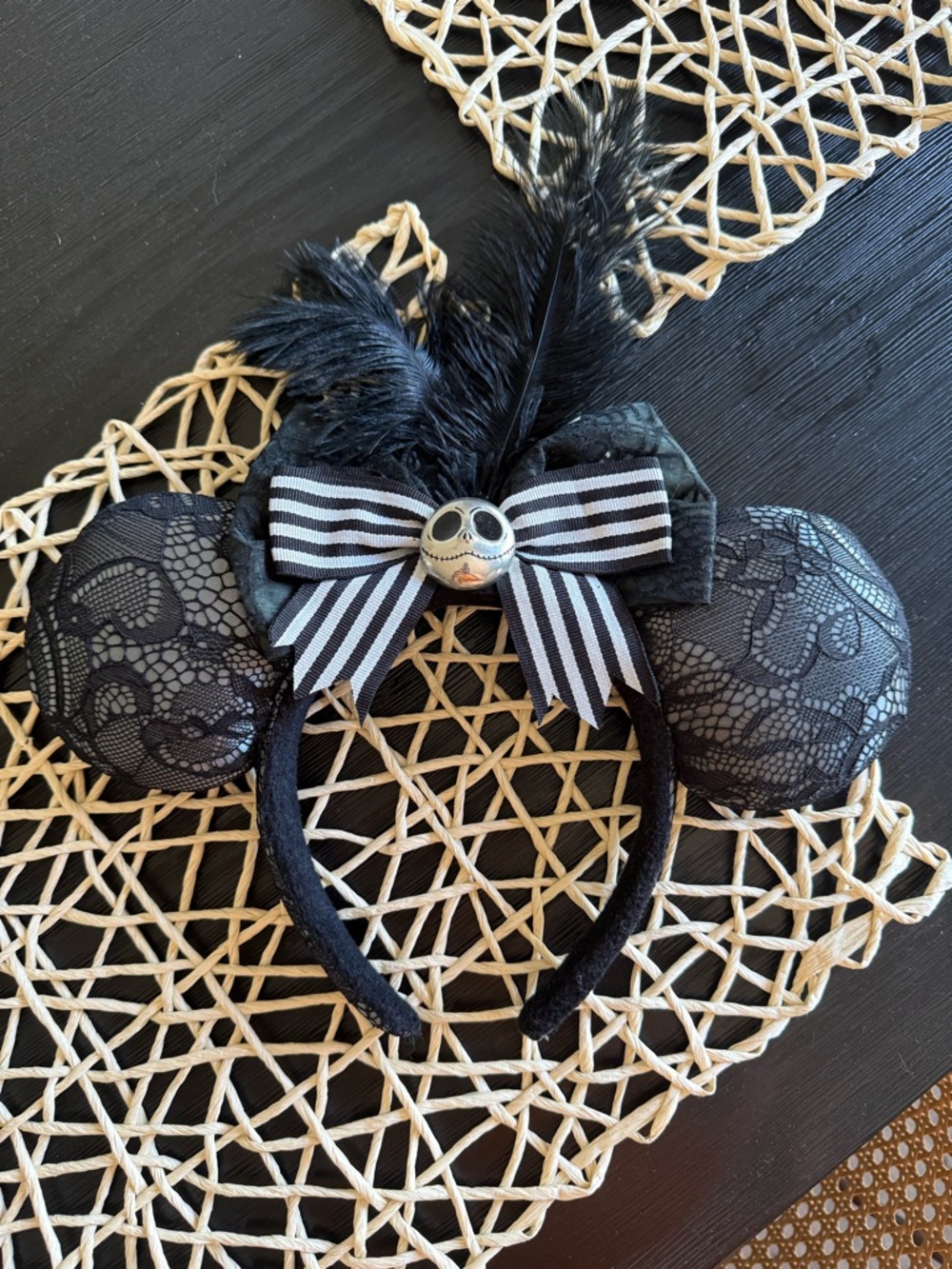 Jack Skellington Minnie Mouse Ear Headband with Striped Bow